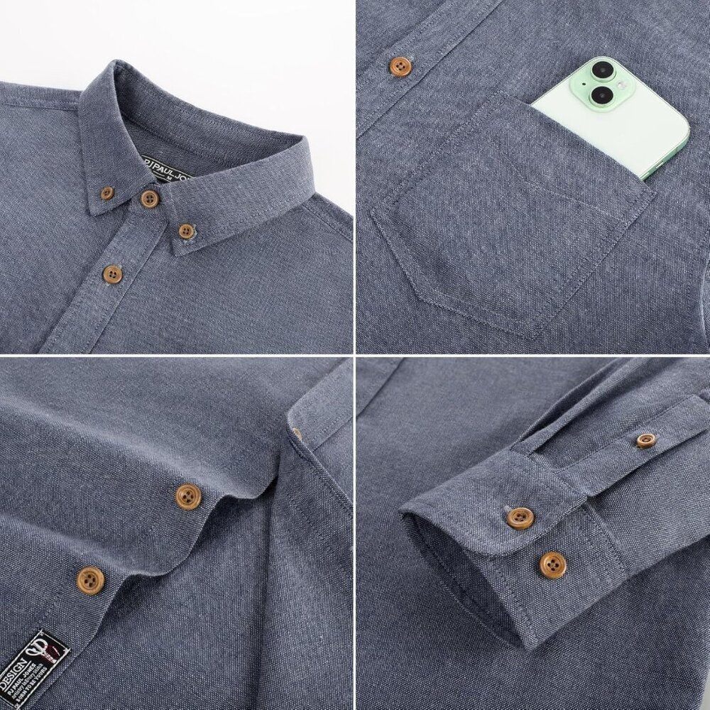 Men's Navy Blue Classic Fit Linen Long Sleeve Button Down Casual Shirts - Picture 6 of 6
